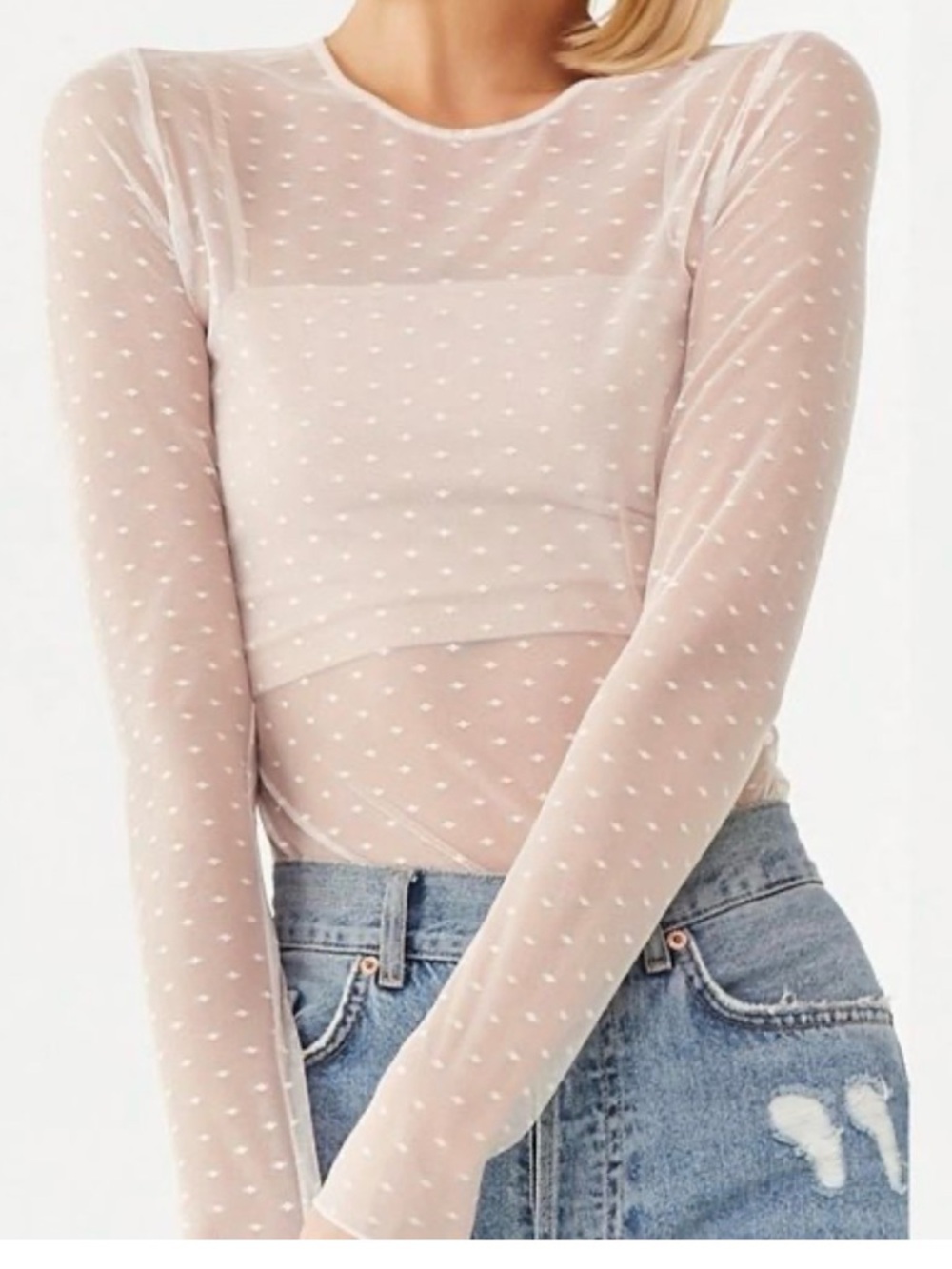 Forever 21 White Sheer Dot Mesh Long Sleeve Top